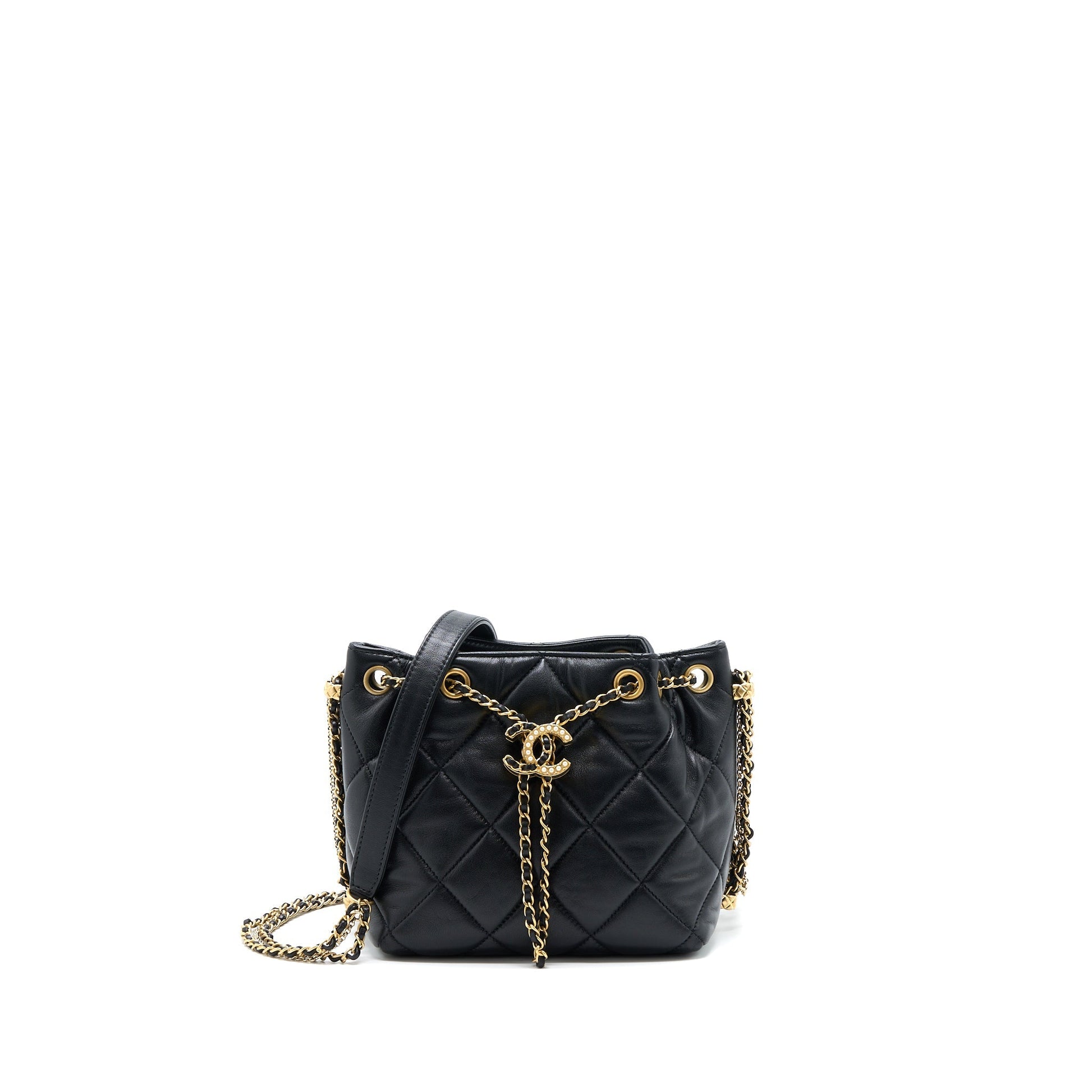 Chanel Drawstring Bucket Lambskin GHW Microchip Black Jewelry