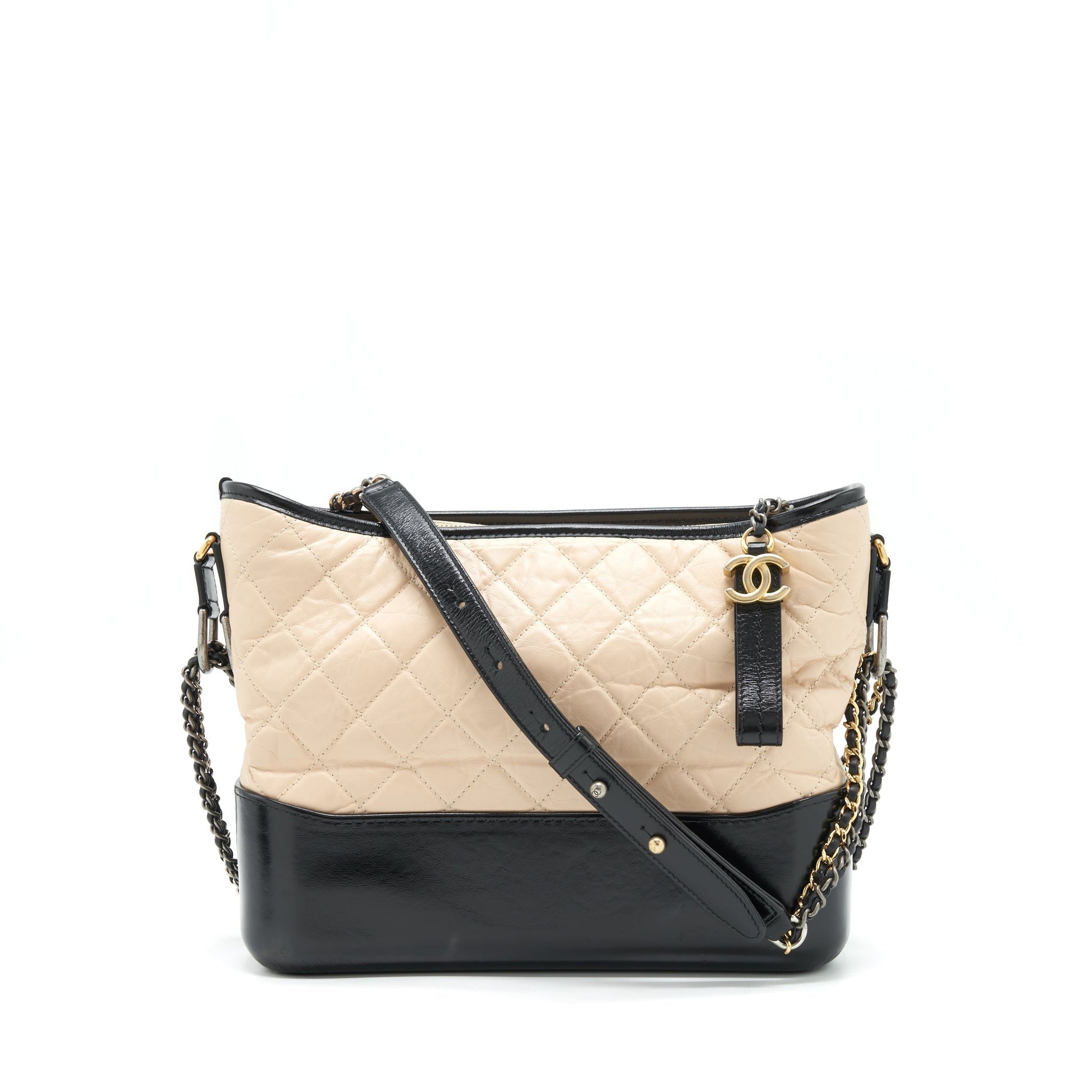 Chanel Gabrielle Hobo Sliver Hardware Black Gold Beige Shoulder Bag