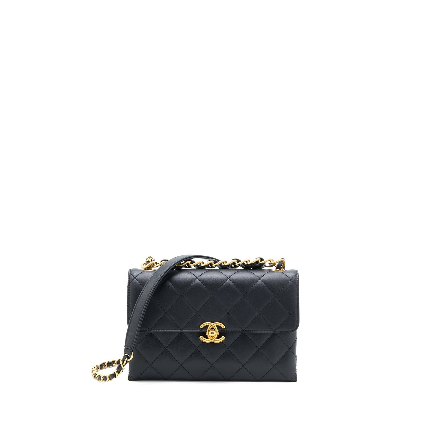 Chanel Handle Flap Calfskin Brushed GHW Microchip Black Leather Shoulder Bag