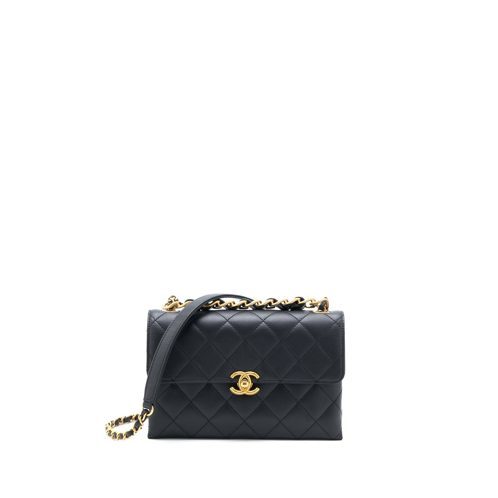 Chanel Handle Flap Calfskin Brushed GHW Microchip Black Leather Shoulder Bag