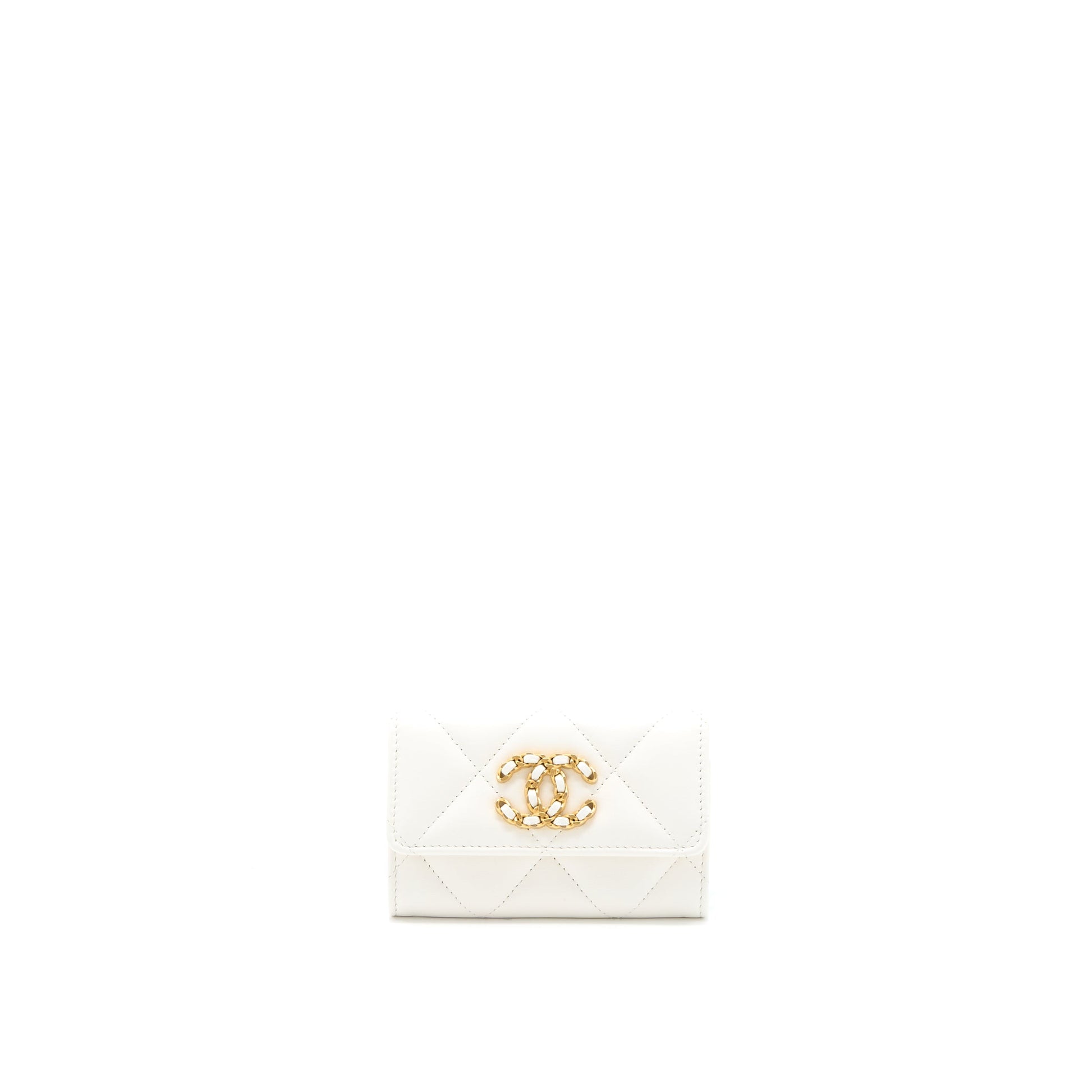Chanel 19 Flap Card Holder Lambskin Brushed White Wallet Case