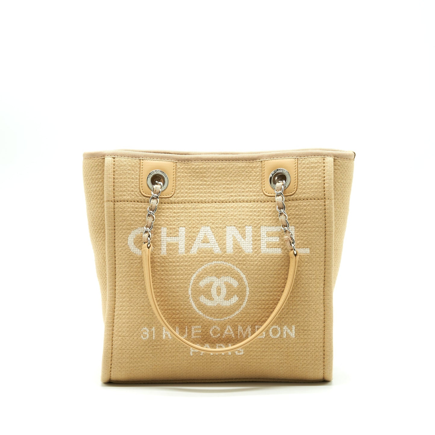 Chanel Deauville Dark SHW Microchip Beige PM Canvas Tote Bag