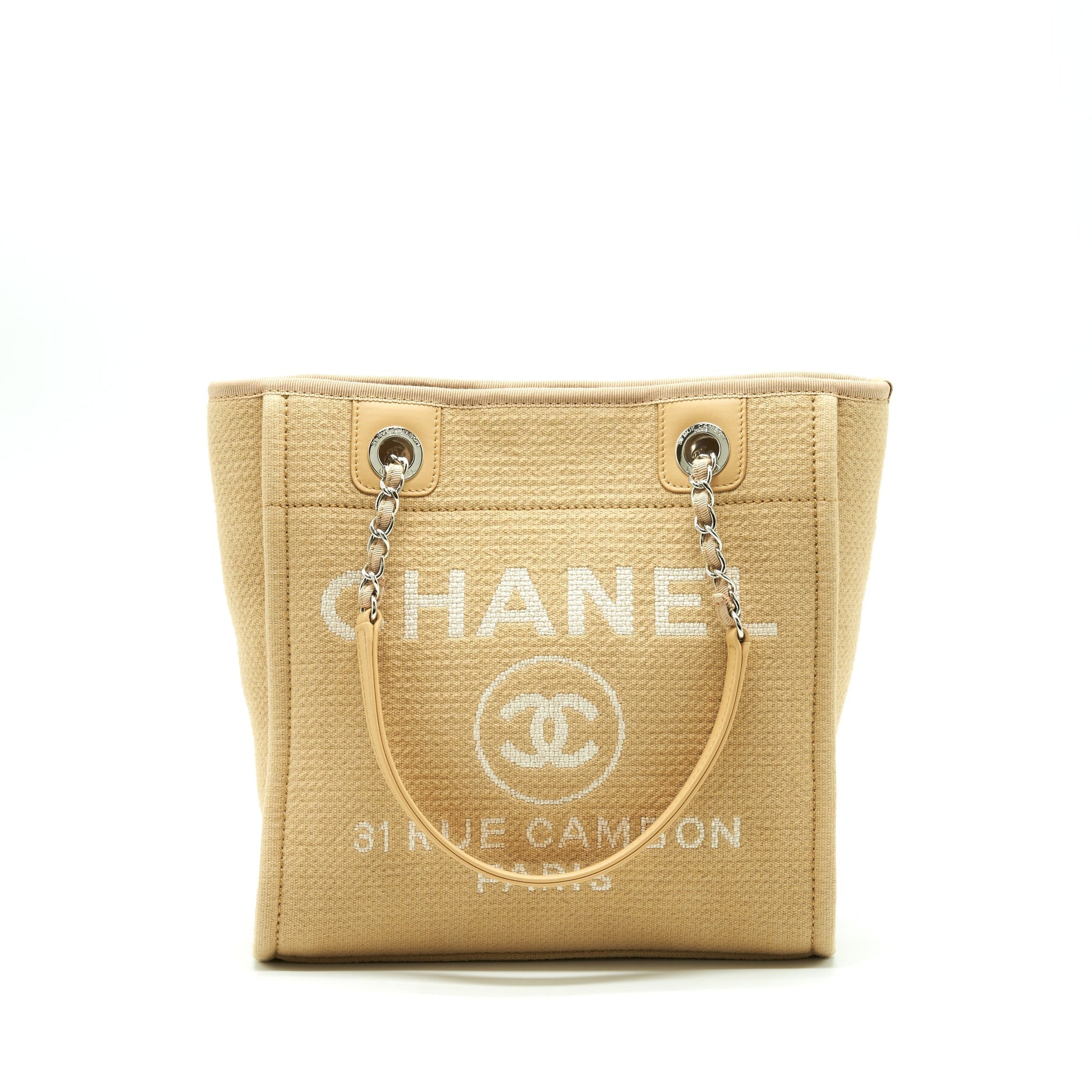 Chanel Deauville Dark SHW Microchip Beige PM Canvas Tote Bag
