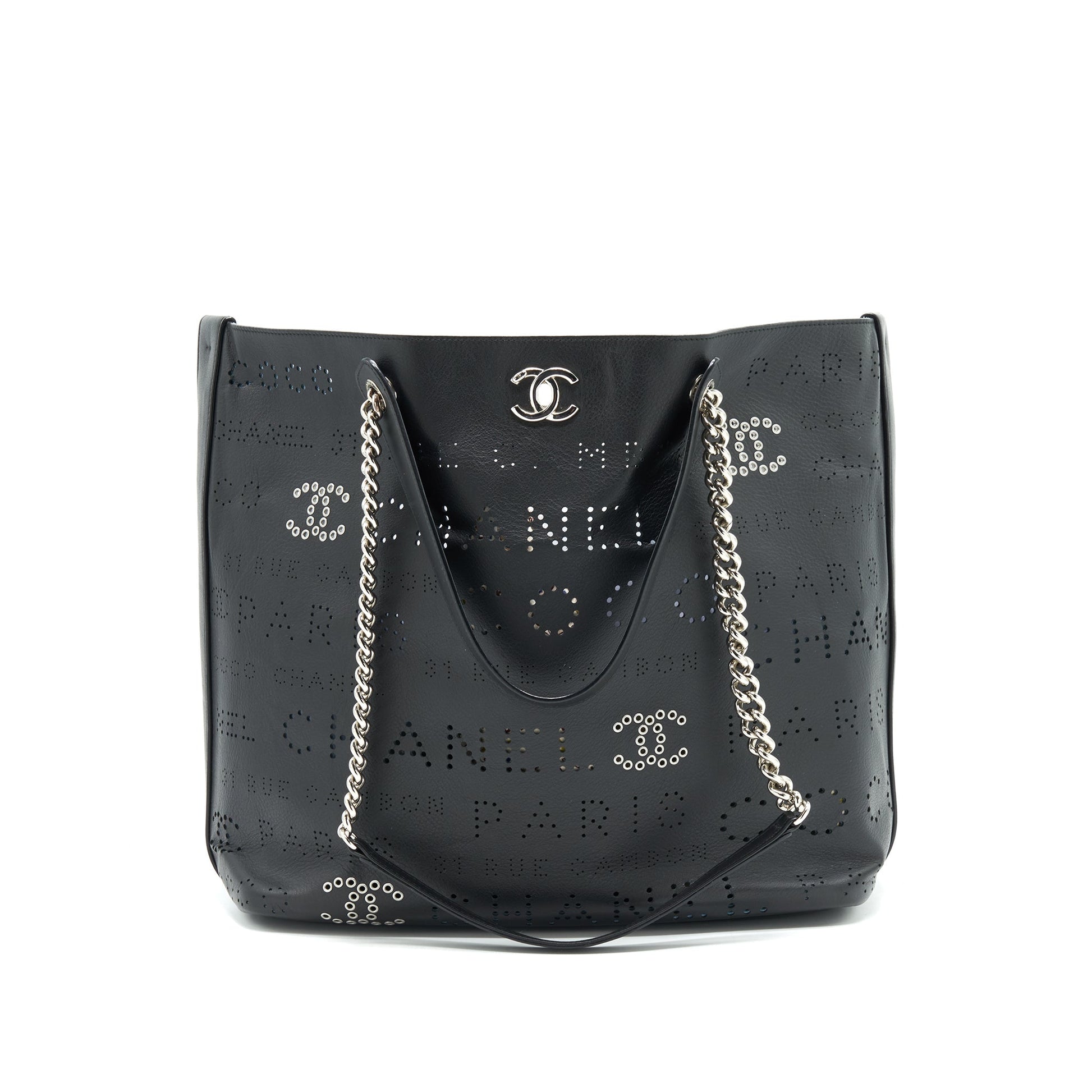 Chanel Eyelet Logo Calfskin SHW Black Blue Tote Bag