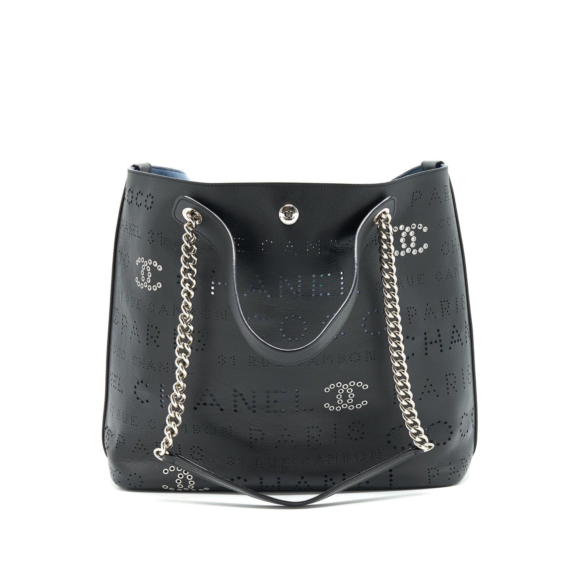 Chanel Eyelet Logo Calfskin SHW Black Blue Tote Bag