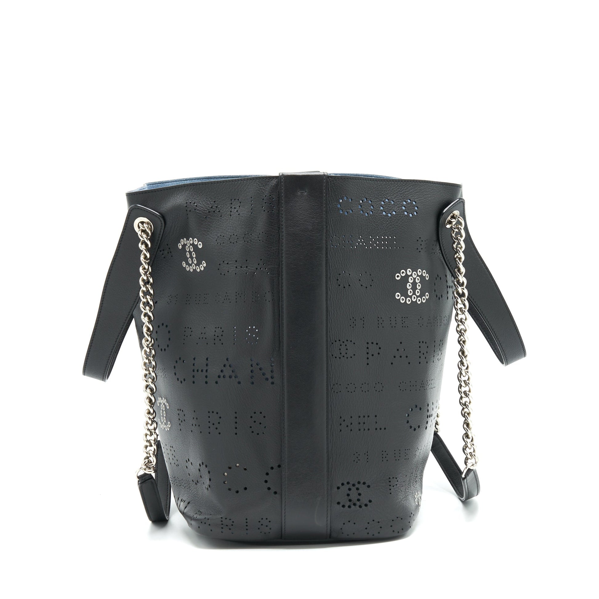 Chanel Eyelet Logo Calfskin SHW Black Blue Tote Bag