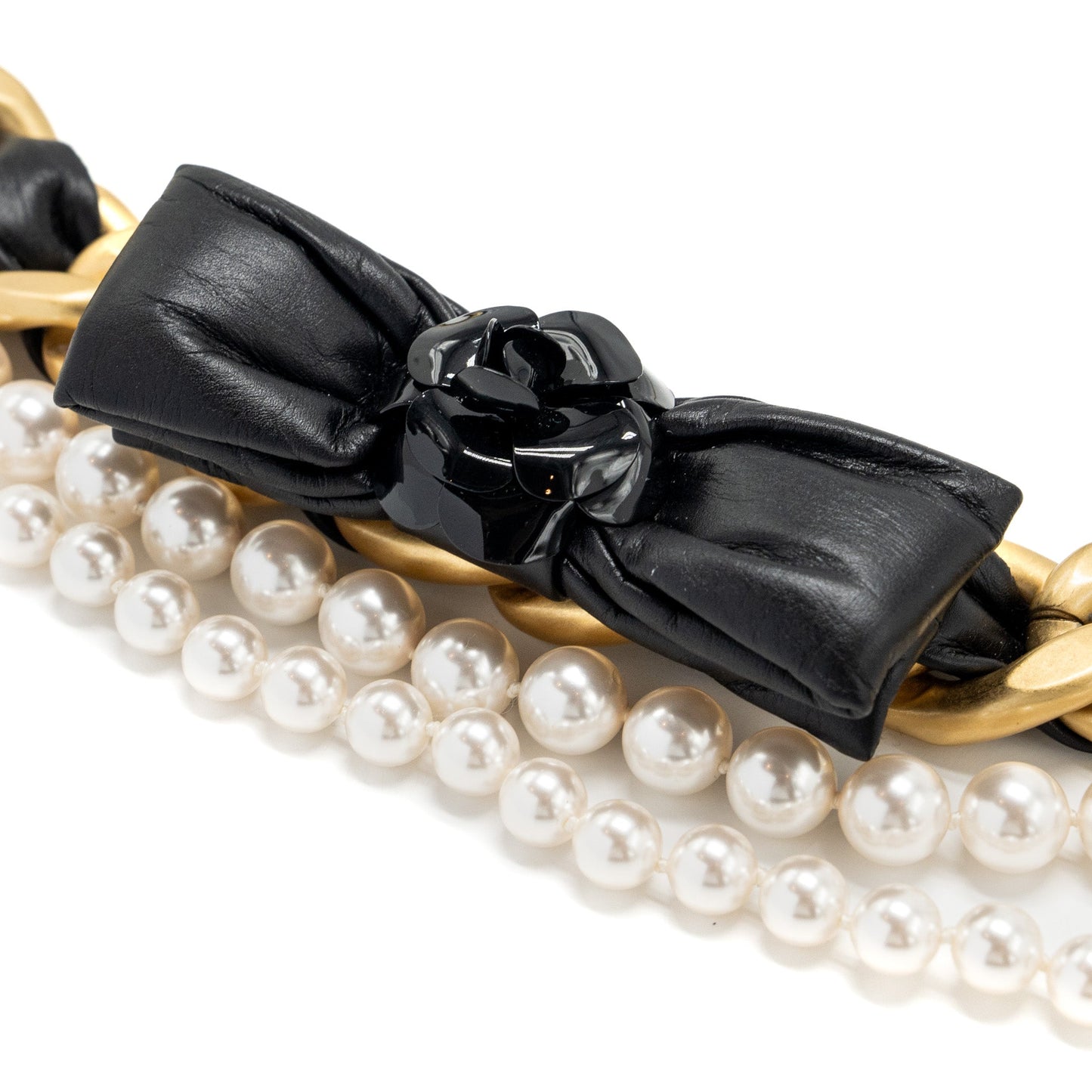 Chanel bow fancy belt pearl tone Black Gold Leather