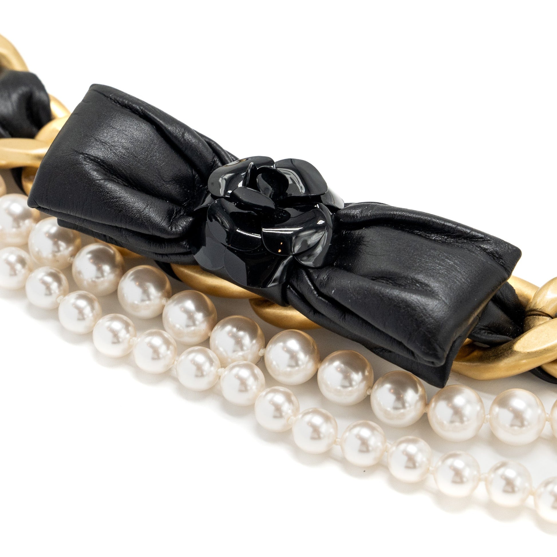 Chanel bow fancy belt pearl tone Black Gold Leather