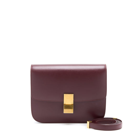 Celine Classic Box Calfskin Burgundy Handbag Medium Travel Bag