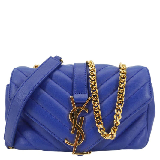 YSL Saint Laurent Yves Classic Chevron Crossbody Bag Leather Monogram Blue