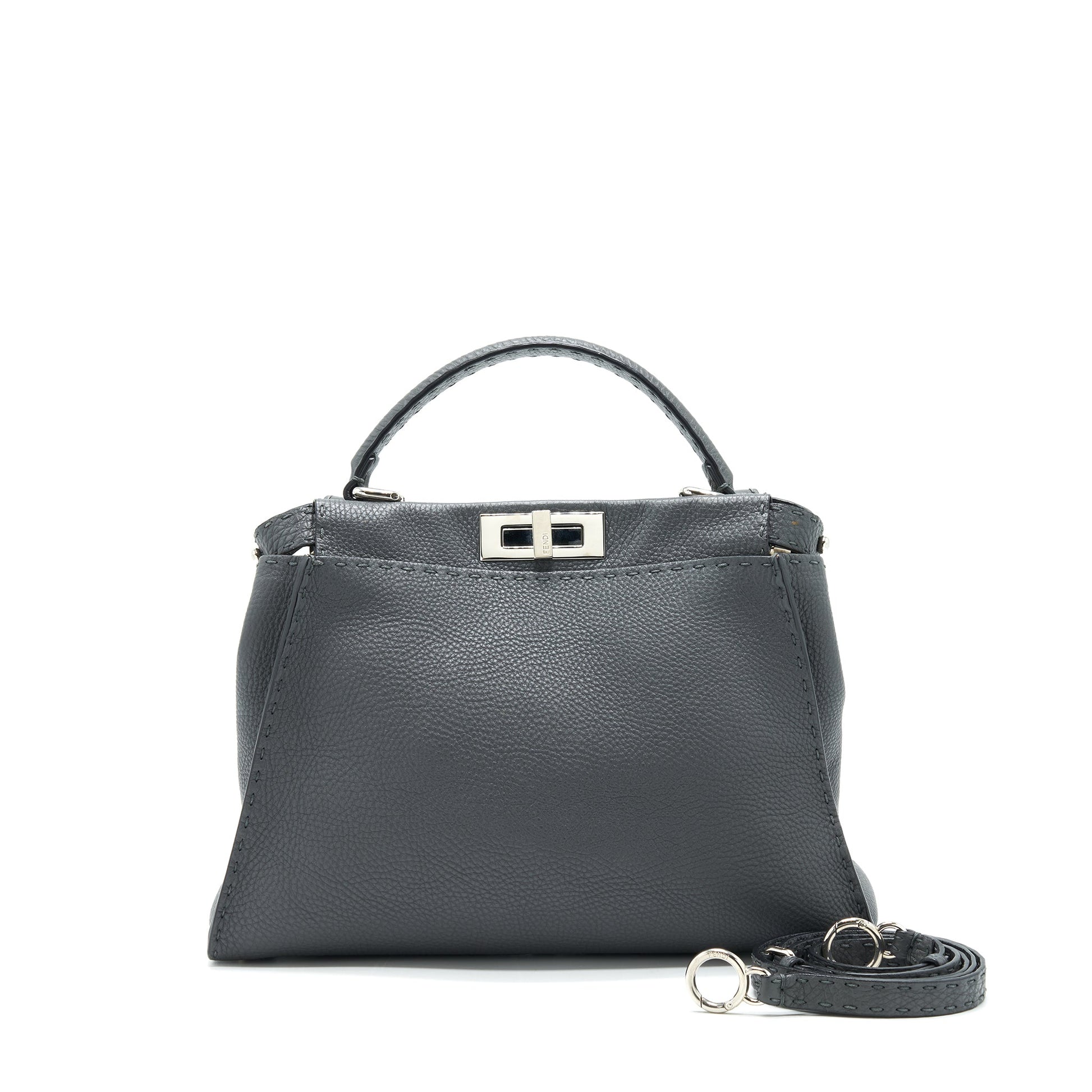 Fendi Grained Calfskin Peekaboo Tote Purse Dark Grey Gray Medium Tote Bag