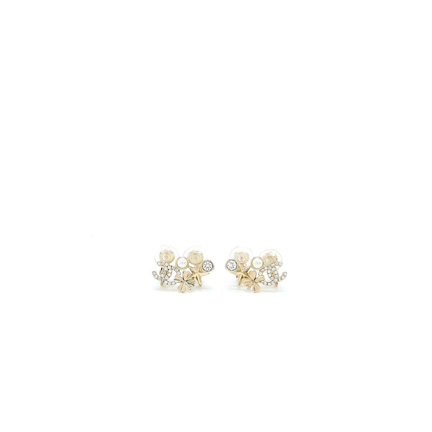 Chanel CC Logo Flower Ear Clip Crystal Gold Handbag
