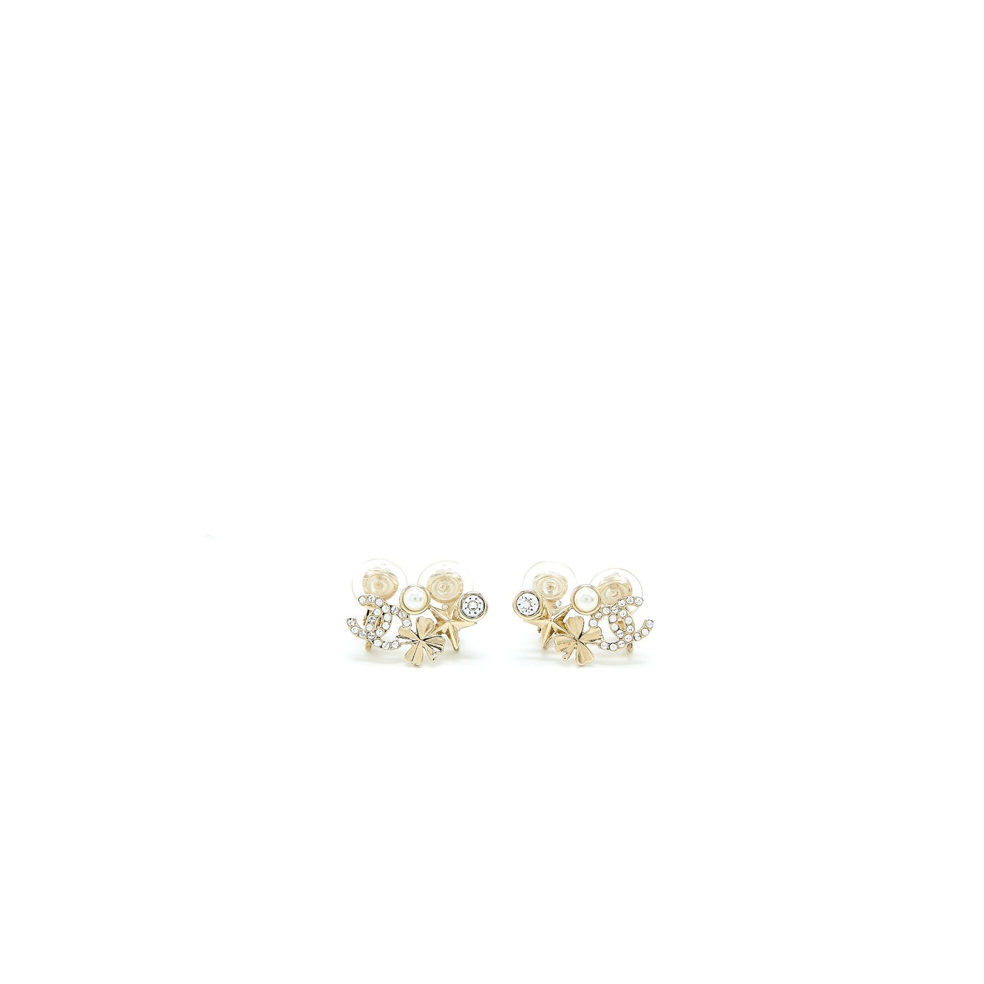 Chanel CC Logo Flower Ear Clip Crystal Gold Handbag