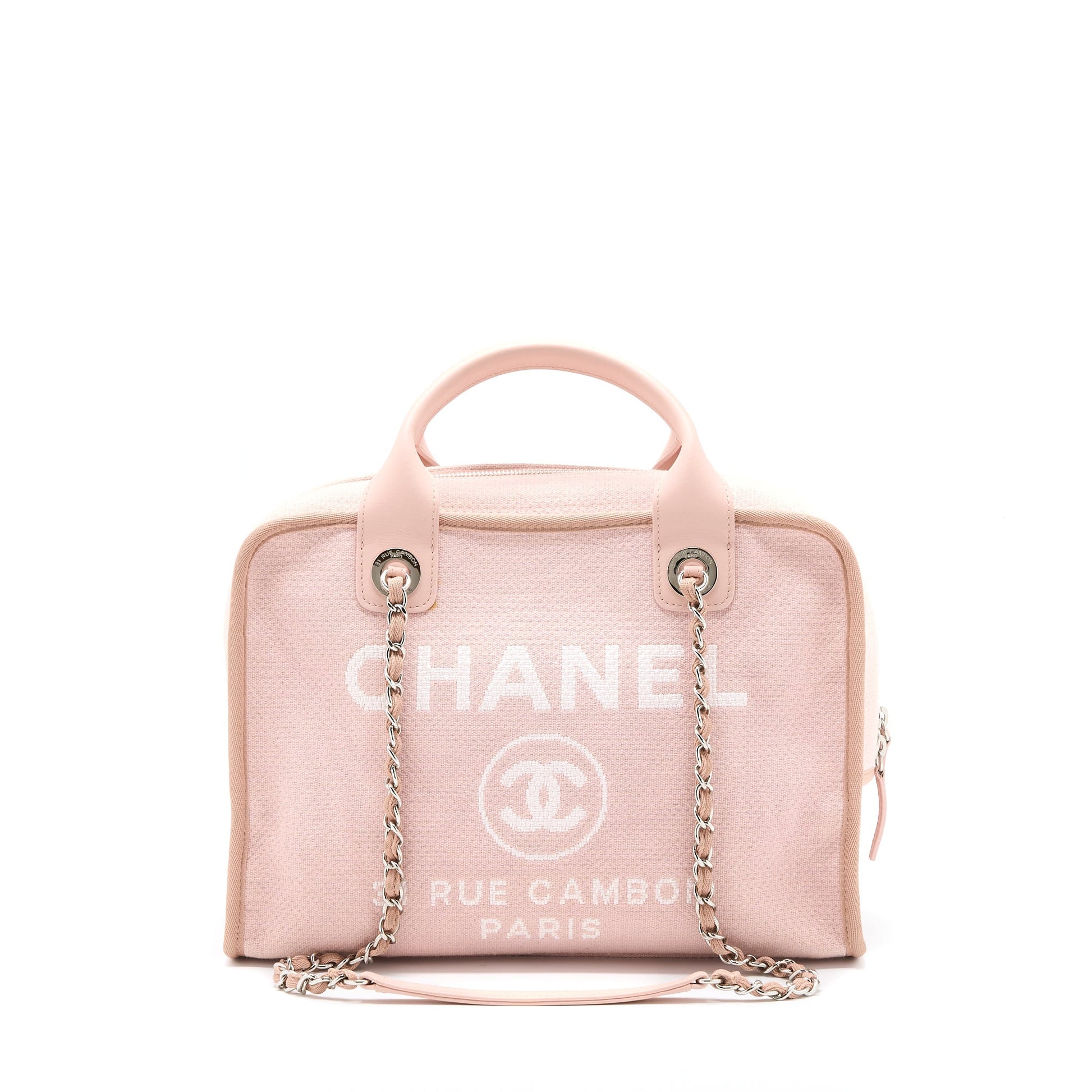 Chanel Deauville Bowling Light SHW Pink Canvas Leather Handbag