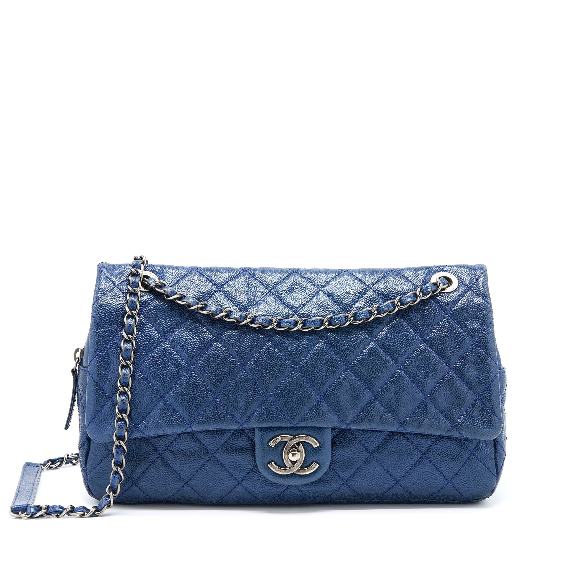 Chanel Seasonal Signal Flap Caviar Ruthenium Hardware Blue Shoulder Bag