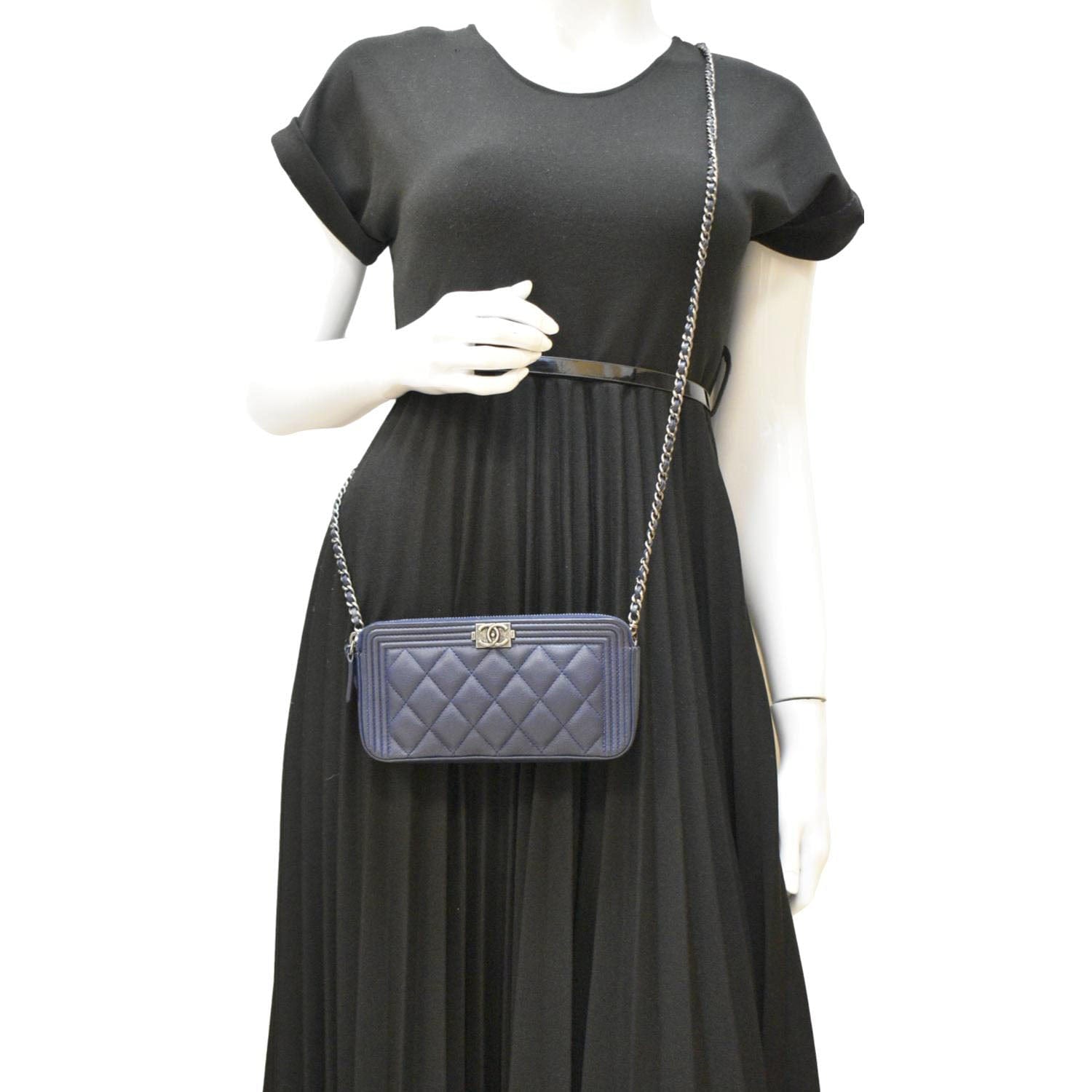 Chanel Boy Double Zip Wallet On Chain Leather Crossbody Bag Navy Blue