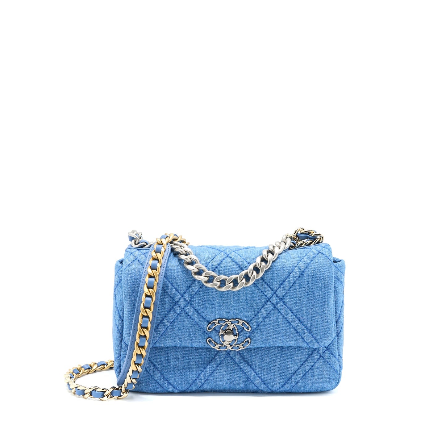 Chanel 22P 19 Denim Light Hardware Microchip Multicolour Blue Small Handbag