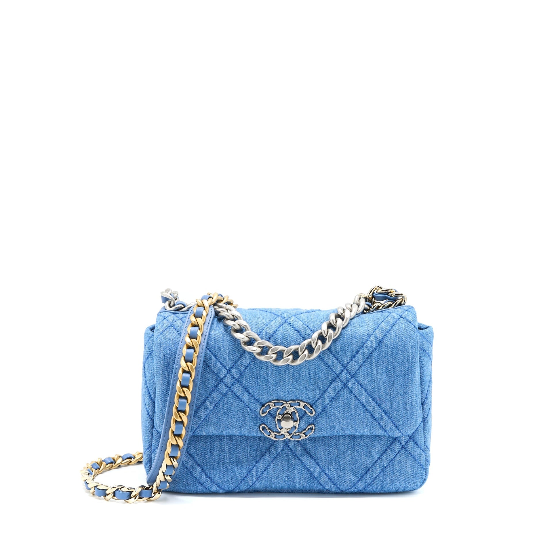 Chanel 22P 19 Denim Light Hardware Microchip Multicolour Blue Small Handbag