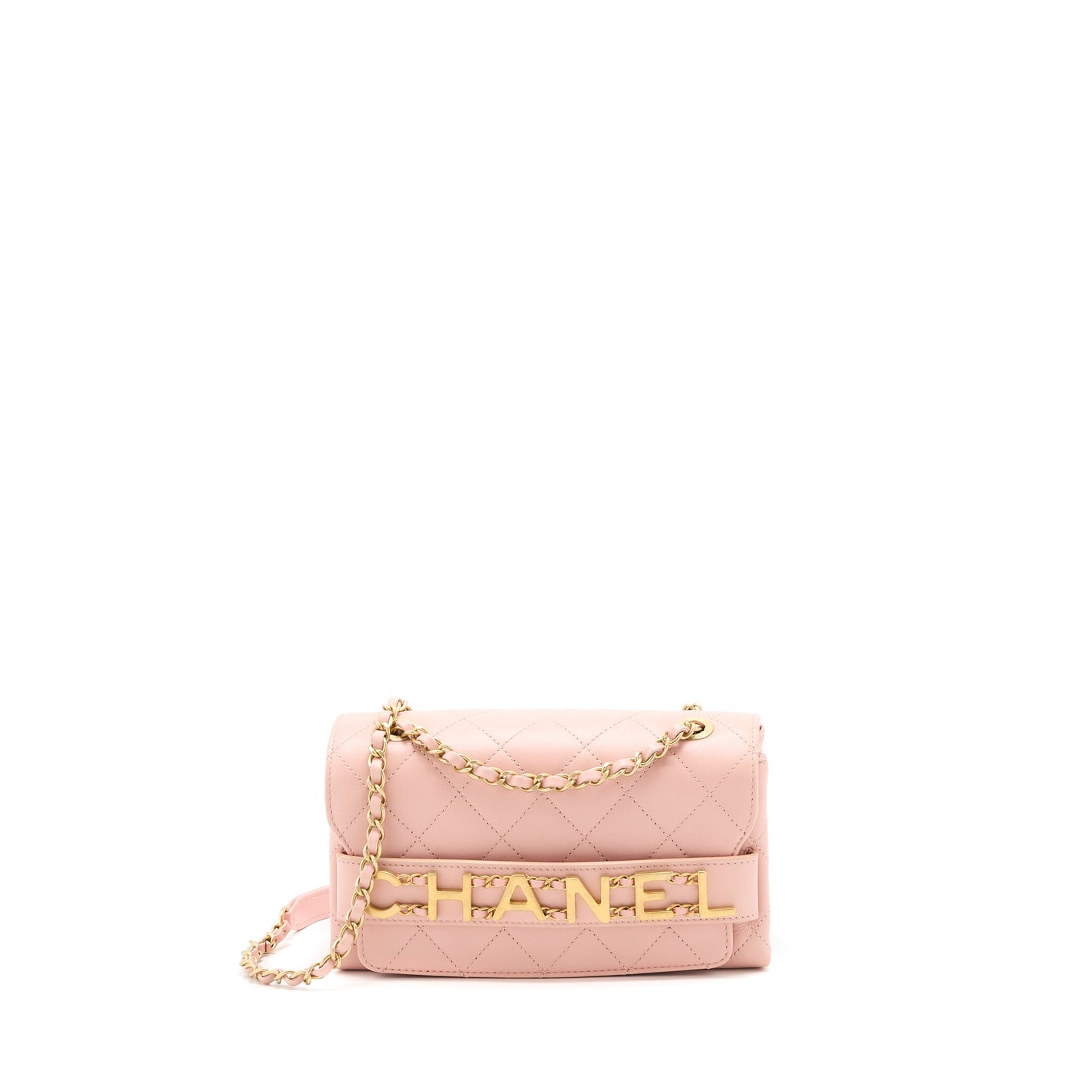Chanel Front Logo Flap Calfskin Brushed GHW Pink Shoulder Bag