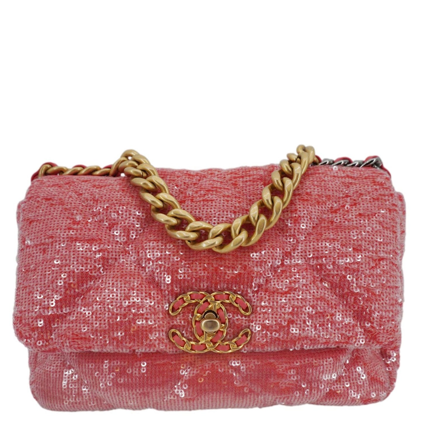 Chanel 19 Flap Quilted Sequin Pink Travel Bag