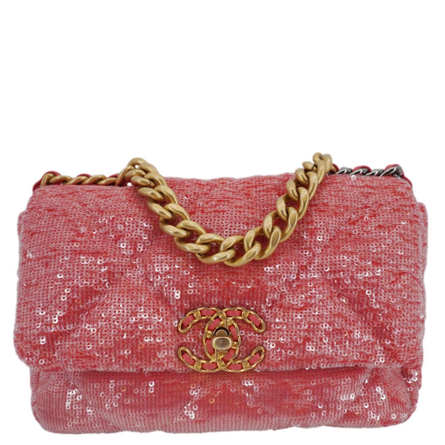 Chanel 19 Flap Quilted Sequin Pink Travel Bag
