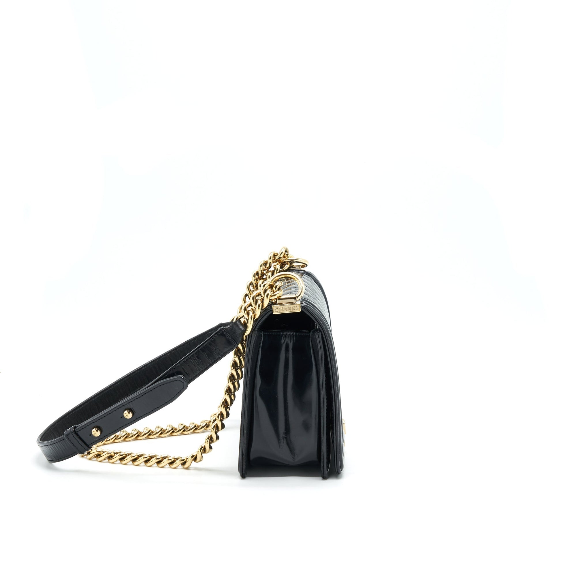 Chanel Le Boy Patent LGHW Black Leather Handbag