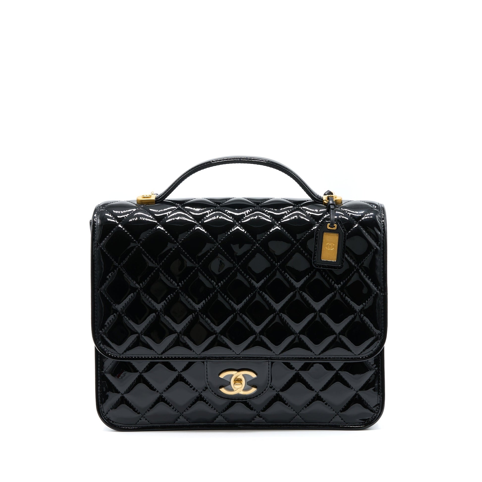 Chanel 22K Backpack Patent Brushed GHW Microchip Black Gold