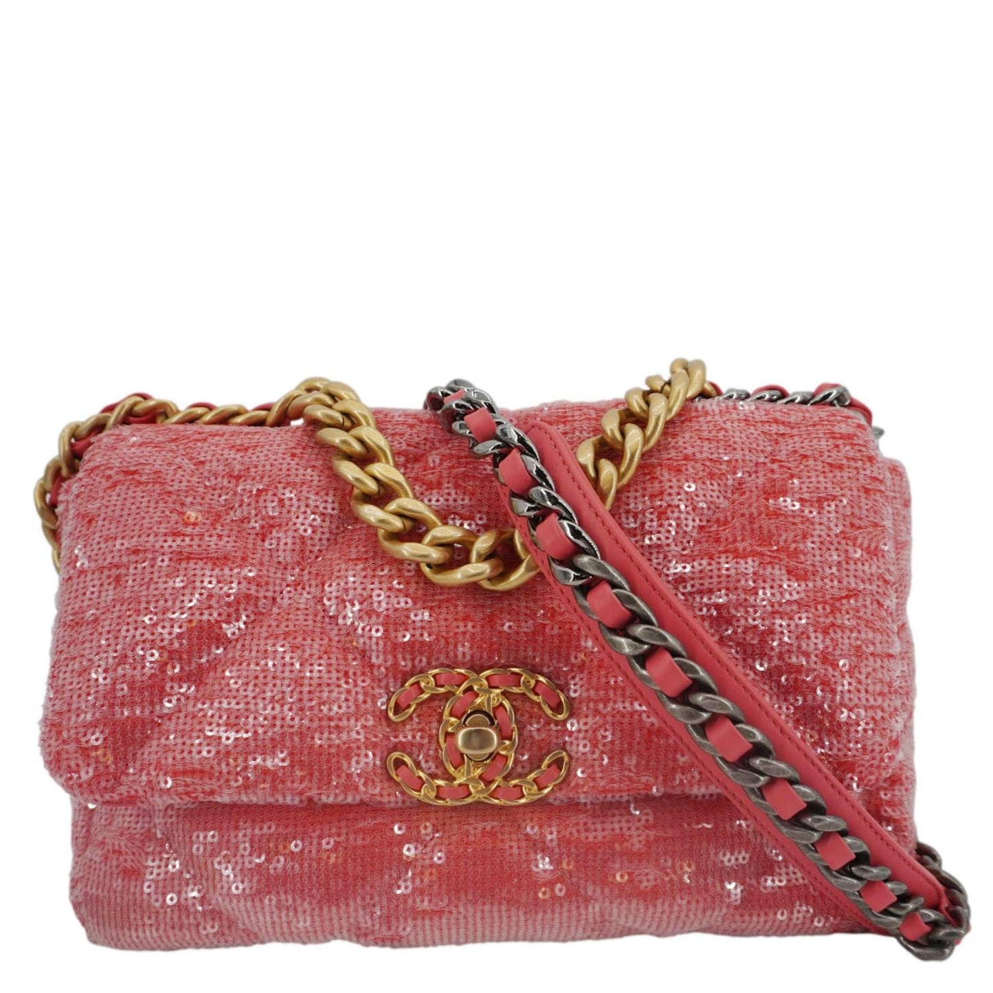 Chanel 19 Flap Quilted Sequin Pink Travel Bag