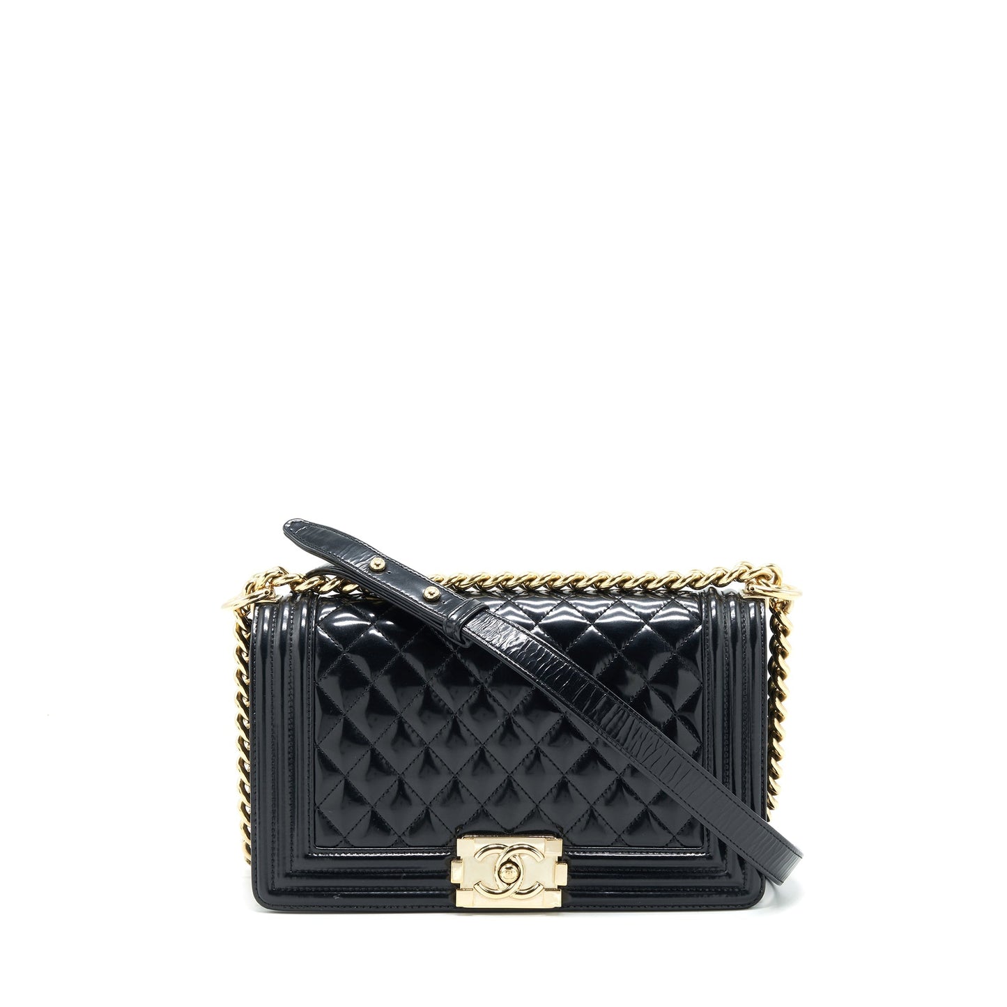 Chanel Le Boy Patent LGHW Black Leather Handbag