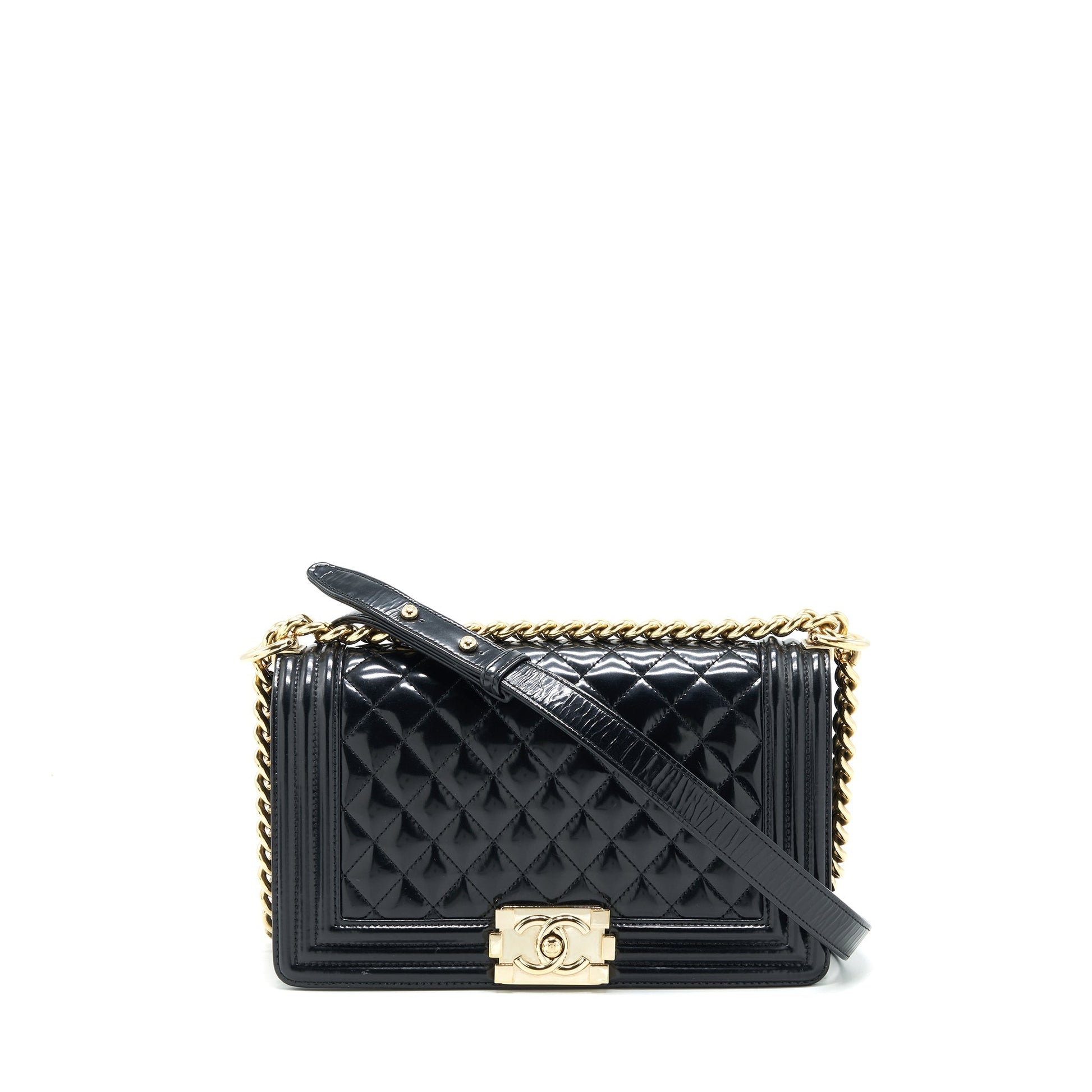 Chanel Le Boy Patent LGHW Black Leather Handbag