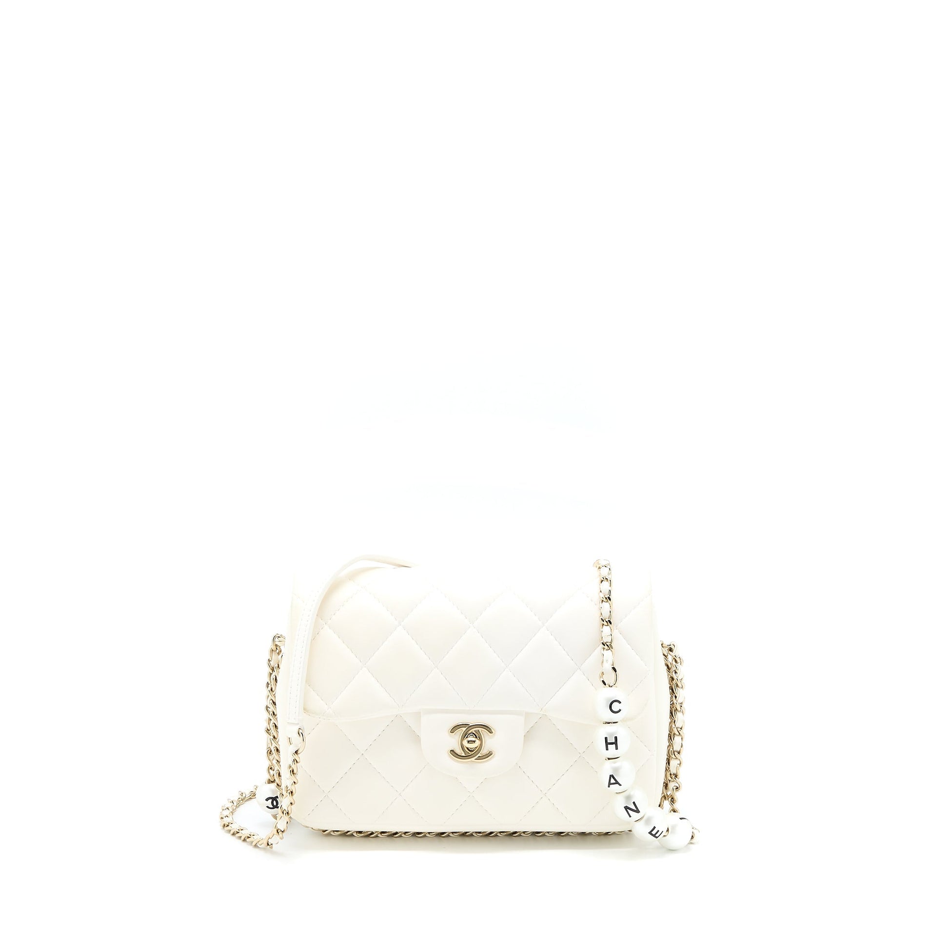 Chanel Pearl Logo Lambskin LGHW White Small Handbag