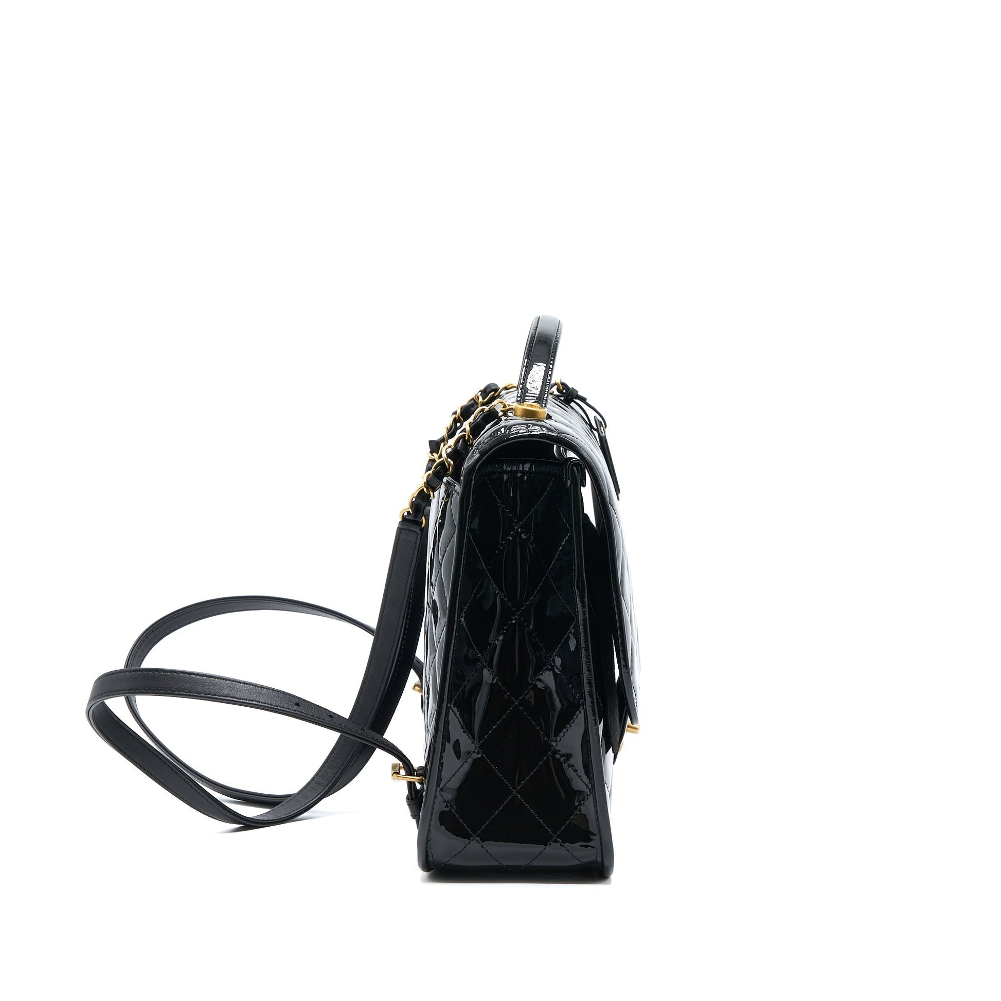 Chanel 22K Backpack Patent Brushed GHW Microchip Black Gold