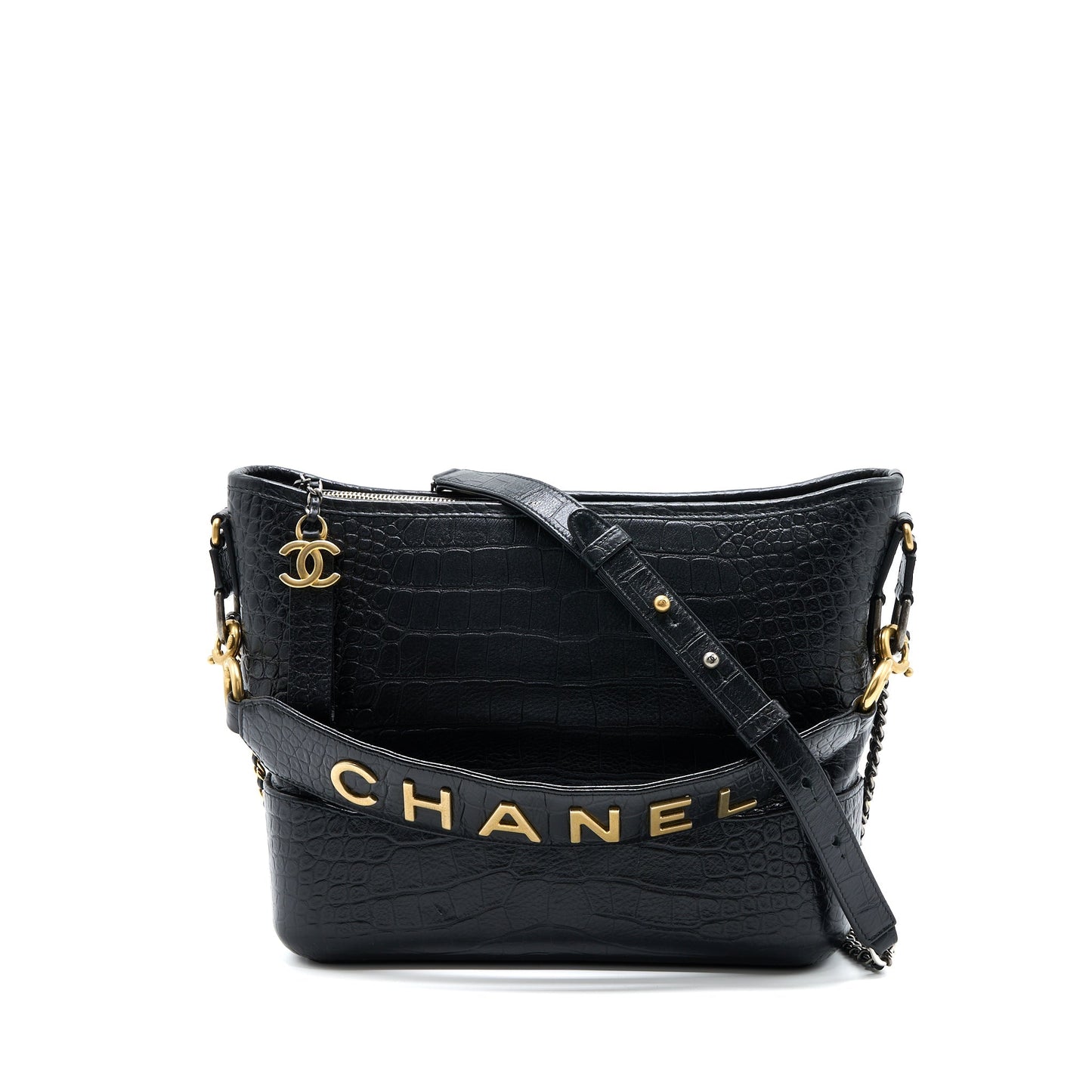 Chanel Gabrielle Hobo Croc Embossed Calfskin Logo Multicolour Black Shoulder Bag