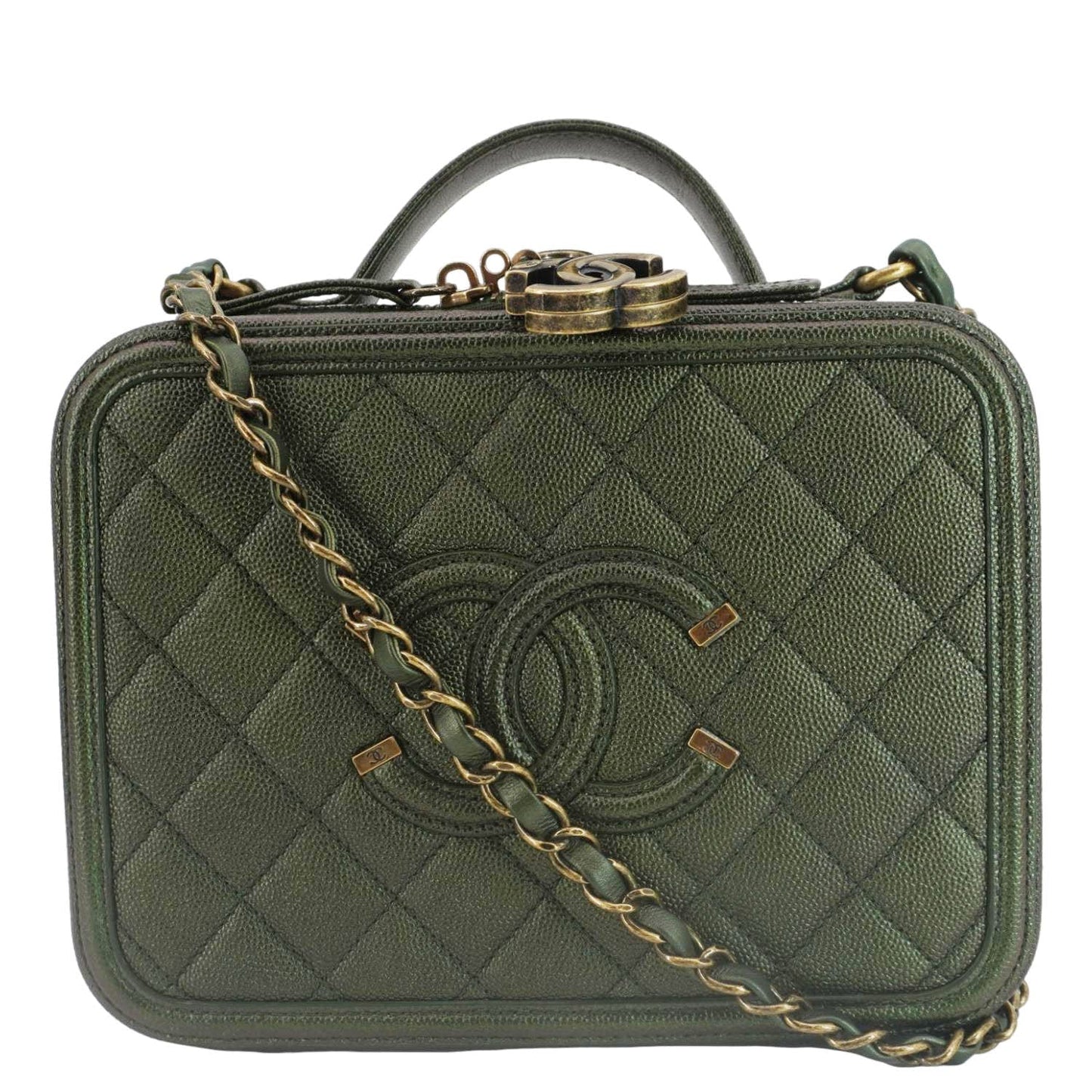 Chanel Vanity Filigree CC Iridescent Quilted Leather Green Travel Bag