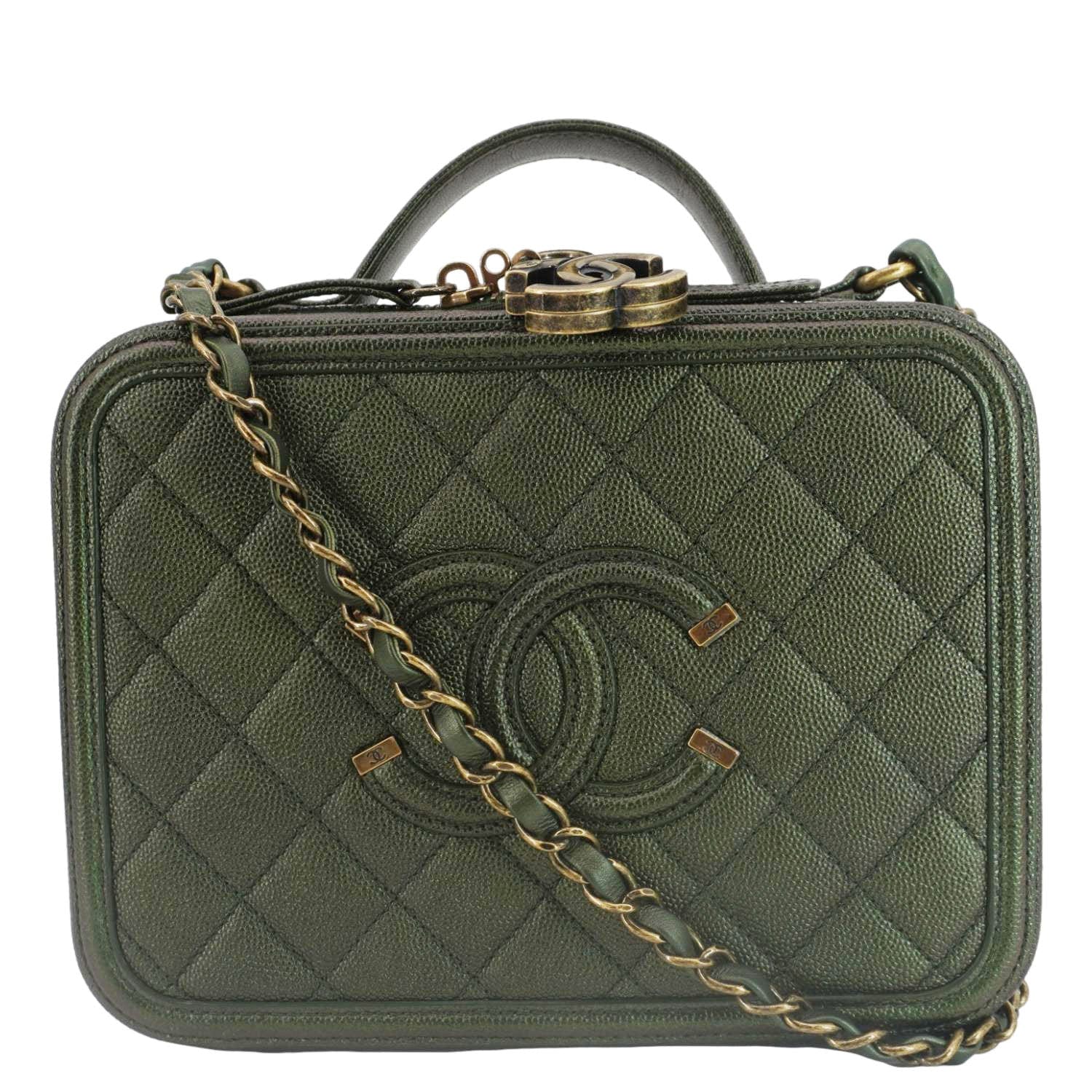 Chanel Vanity Filigree CC Iridescent Quilted Leather Green Travel Bag