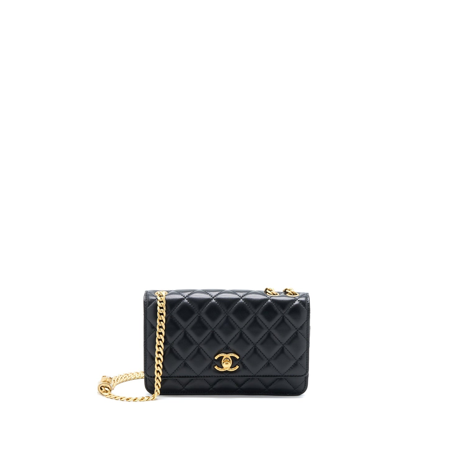 Chanel 22K Pillar On Lambskin Brushed GHW Black Gold Wallet Case