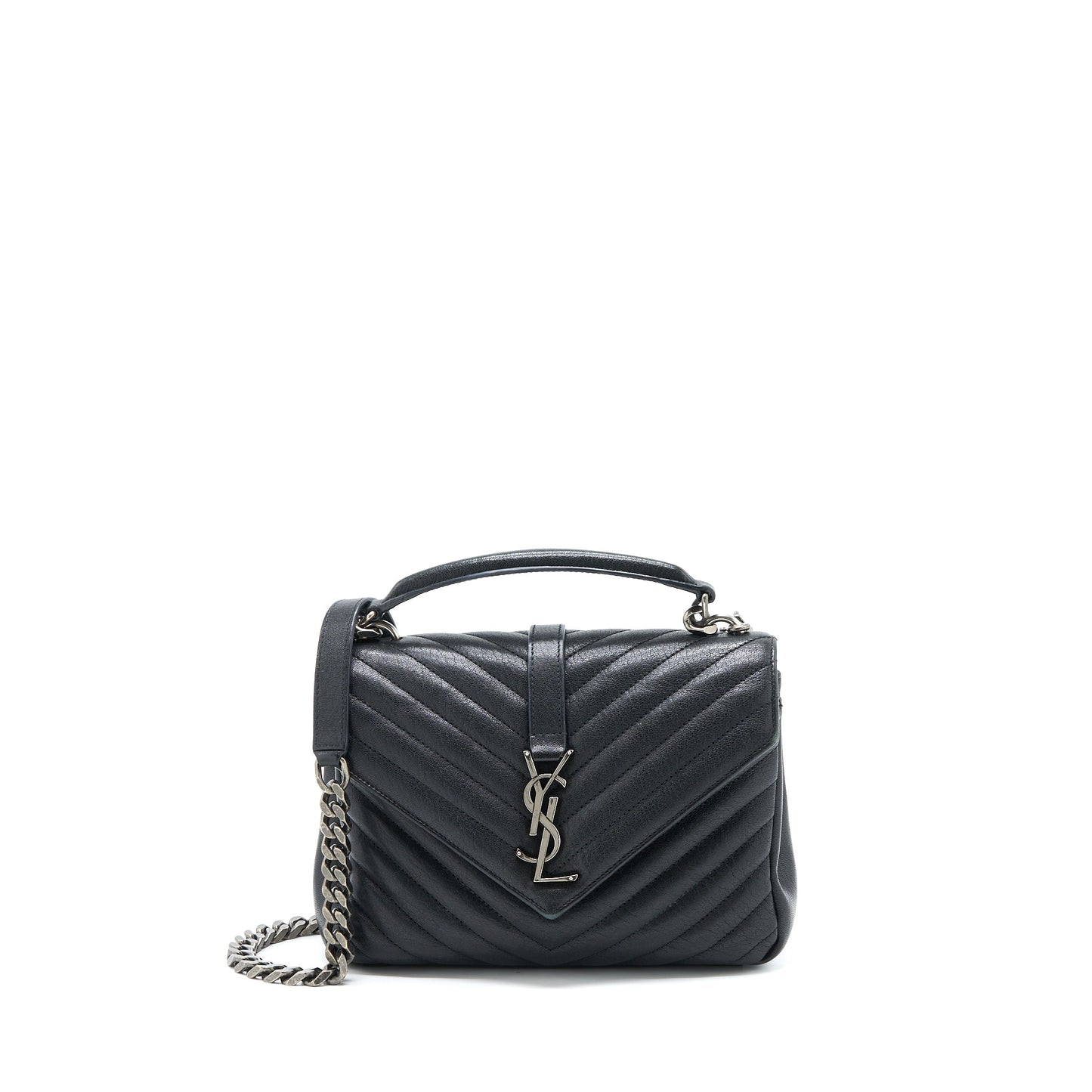 YSL Saint Laurent College Purse Lambskin Ruthenium Hardware Travel Bag Quilted Black