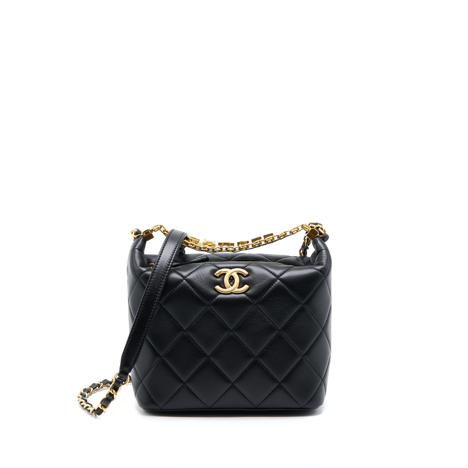 Chanel 22S Detail Handle Hobo Lambskin GHW Black Crossbody Bag