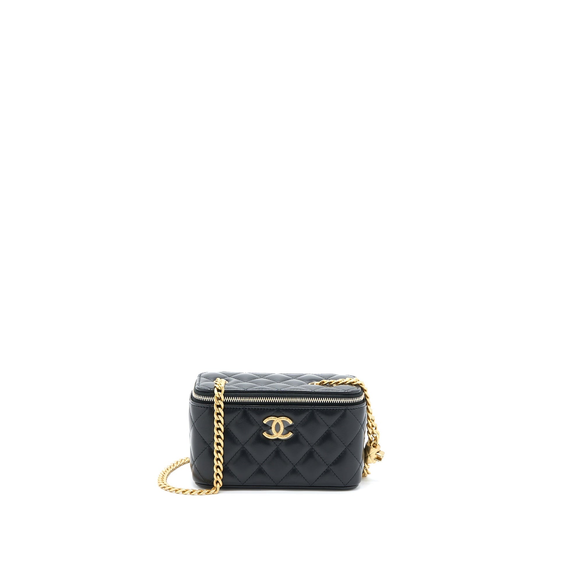 Chanel 22K Pillar Adjustable Long Vanity Lambskin Black Gold Handbag Microchip 1