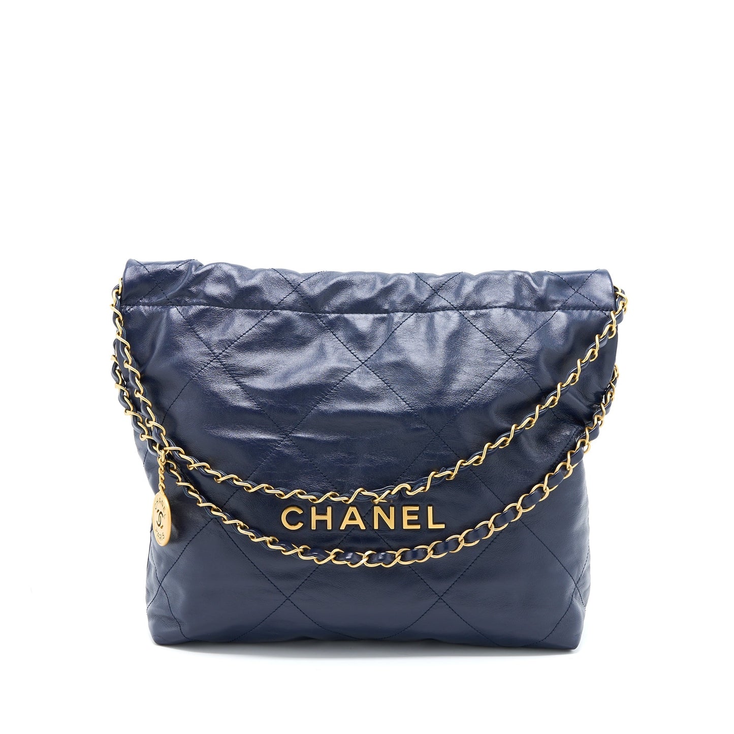 Chanel 22 Shiny Calfskin Navy GHW Microchip Small Handbag