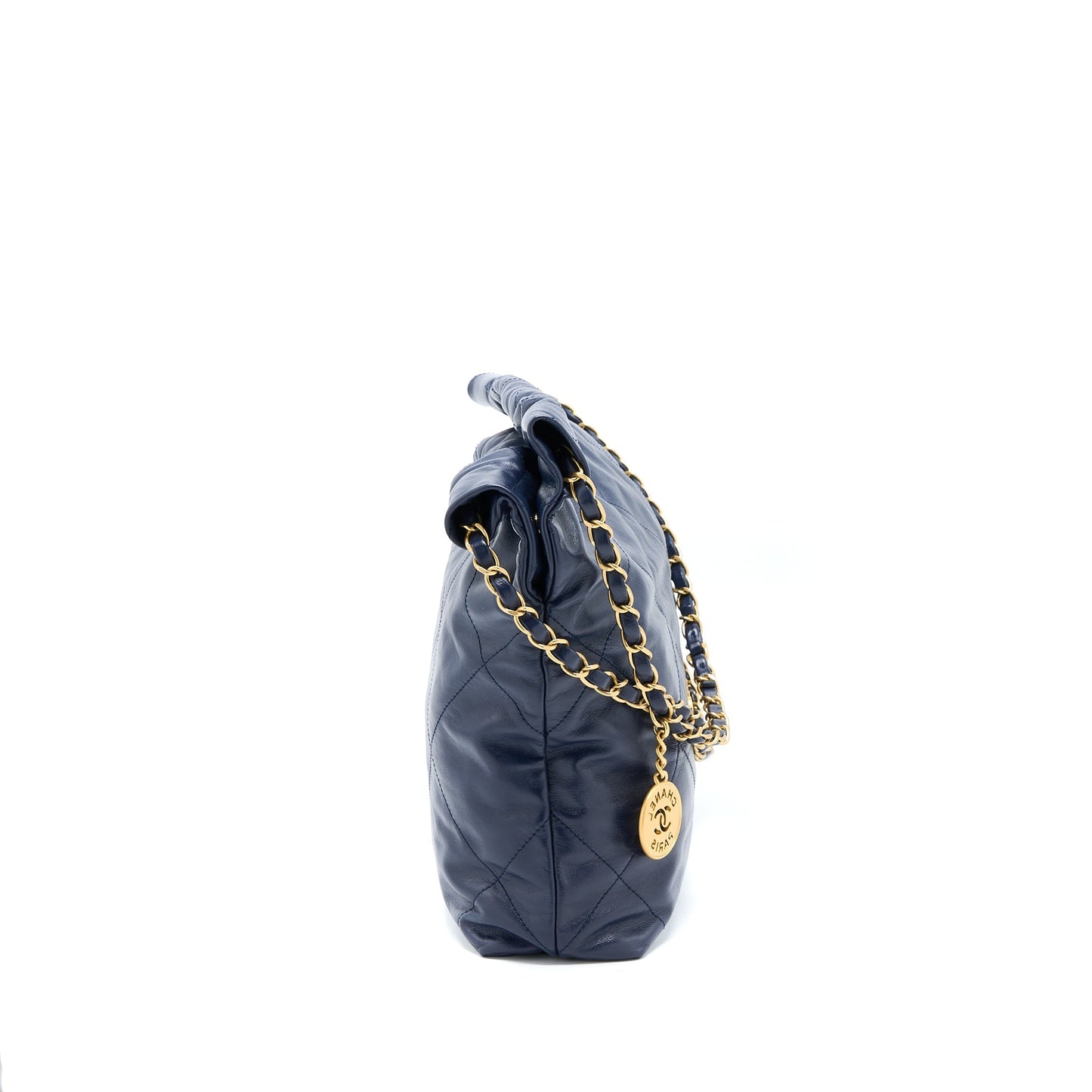 Chanel 22 Shiny Calfskin Navy GHW Microchip Small Handbag