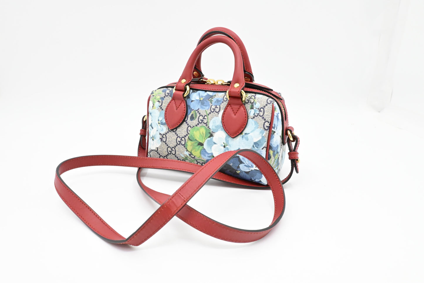 Gucci Boston Blooms GG & Leather Canvas Blue Red Travel Bag