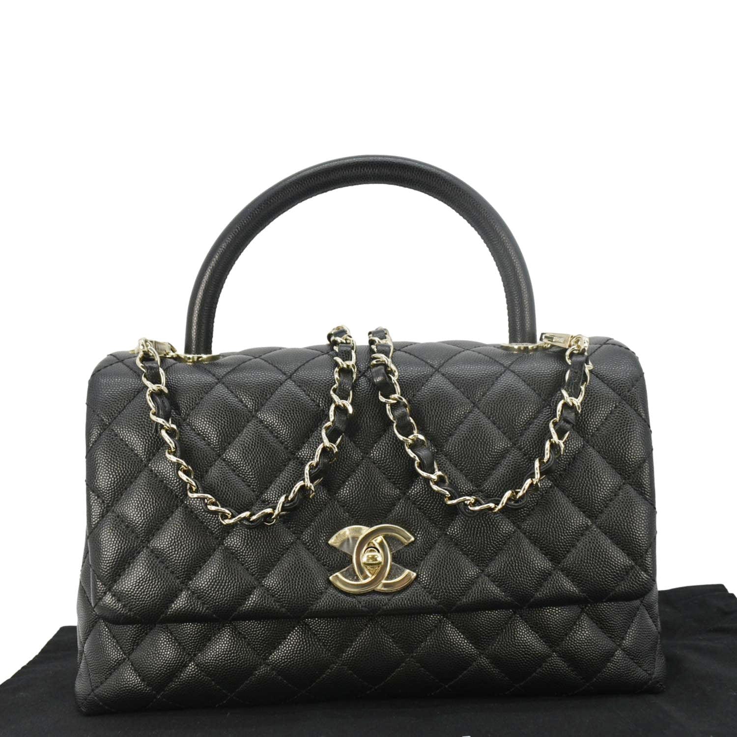 Chanel Coco Flap Quilted Caviar Handle Leather Black Travel Bag Handle Flap