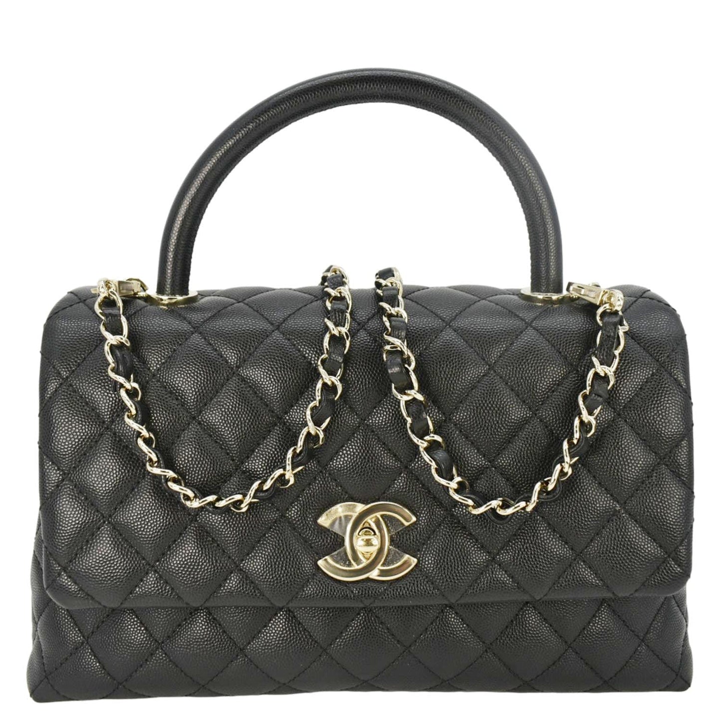 Chanel Coco Flap Quilted Caviar Handle Leather Black Travel Bag Handle Flap