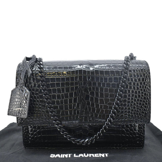 YSL Saint Laurent Yves Sunset Crocodile Crossbody Bag Leather Black