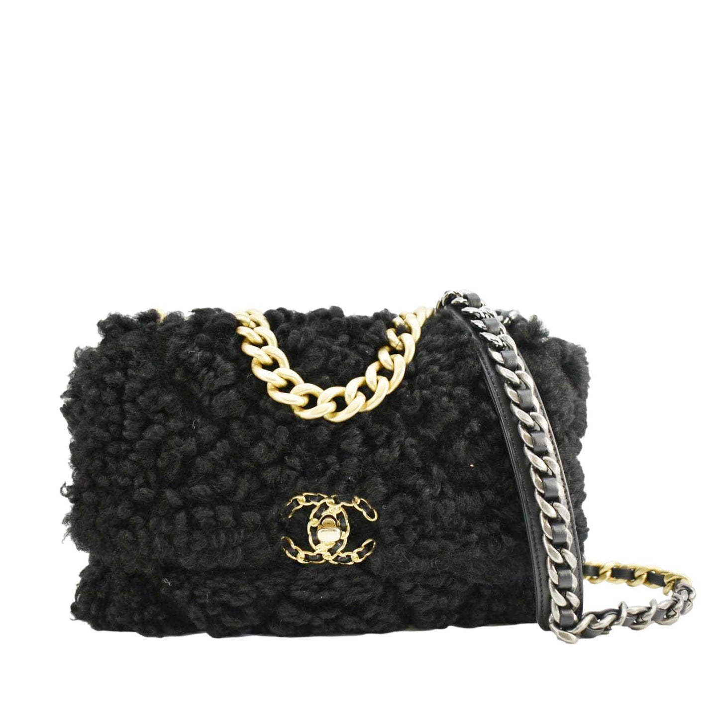 Chanel Shearling 19 Flap Sheepskin Black Travel Bag