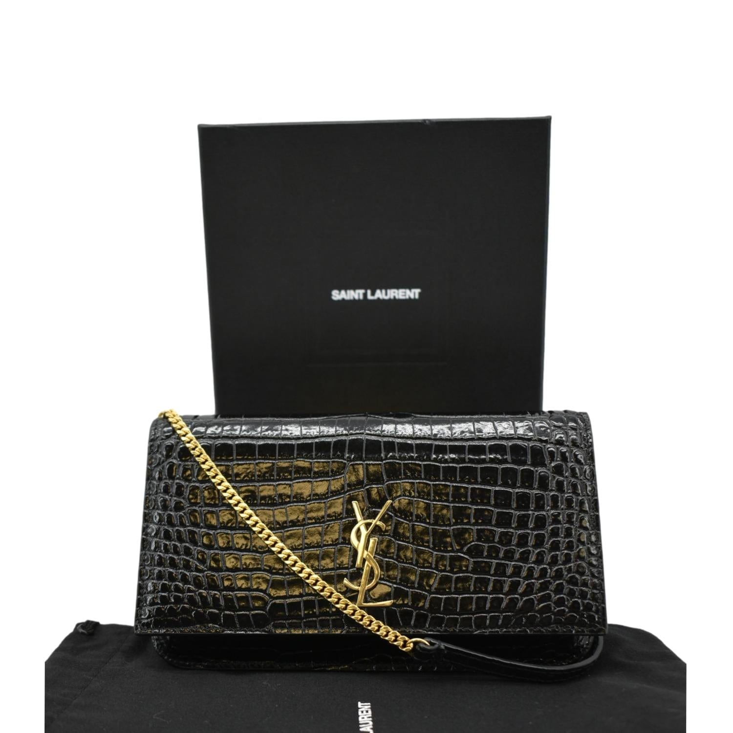 YSL Saint Laurent Yves Kate Crocodile Shoulder Bag Leather Monogram Black