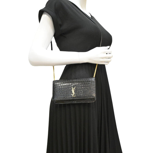 YSL Saint Laurent Yves Kate Crocodile Shoulder Bag Leather Monogram Black