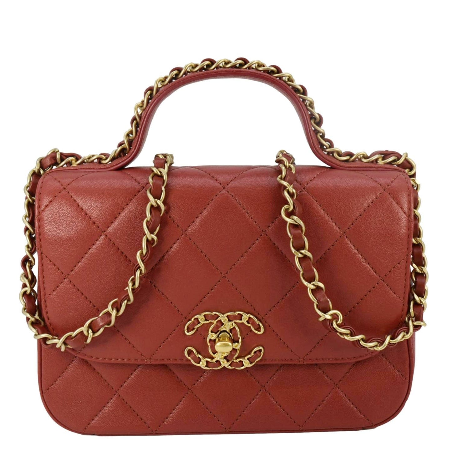 Chanel Infinity Quilted Top Handle Leather Red Travel Bag