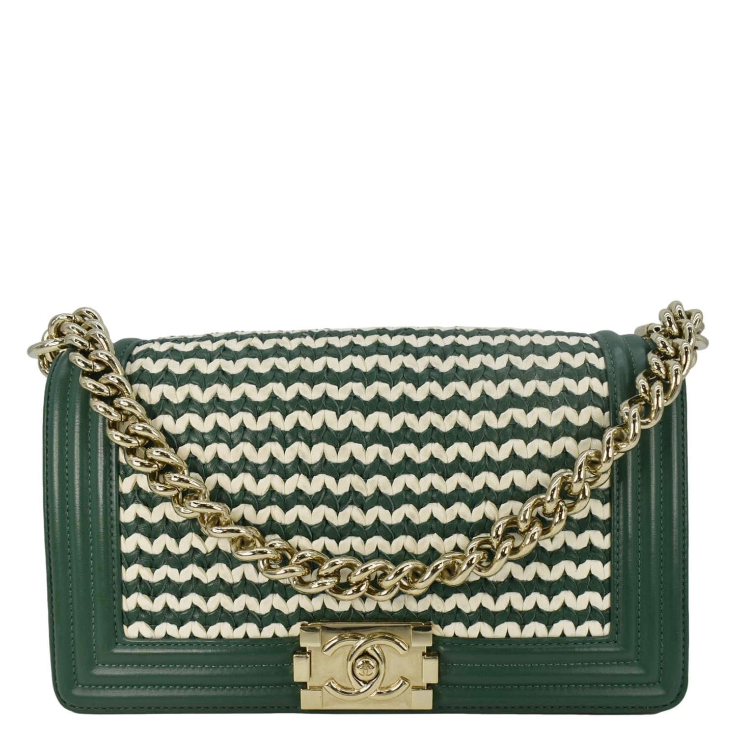 Chanel Boy Flap Woven Leather Green Travel Bag